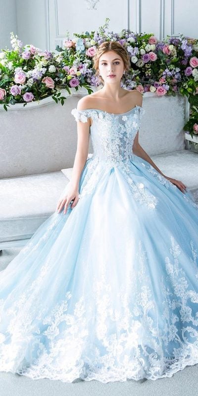 Modest Blue Princess Appliques Lace Wedding Dress Wedding Bridal Gowns