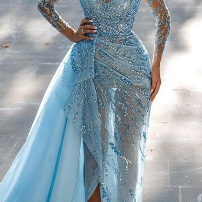 Modest blue sheath 3/4 long sleeve wedding dress wedding bridal gowns