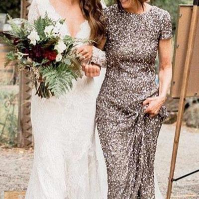 Eleghant beown sequins lace mother of bride and groom dress evening dress