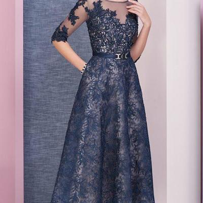 Eleghant navy blue sheath lace tea-length mother of bride and groom dress evening dress