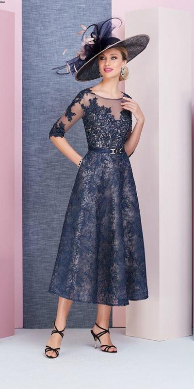 Eleghant Navy Blue Sheath Lace Tea-length Mother of Bride and Groom Dress Evening Dress