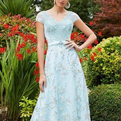 Eleghant blue lace appliques sheath tea-length mother of bride and groom dress evening dress