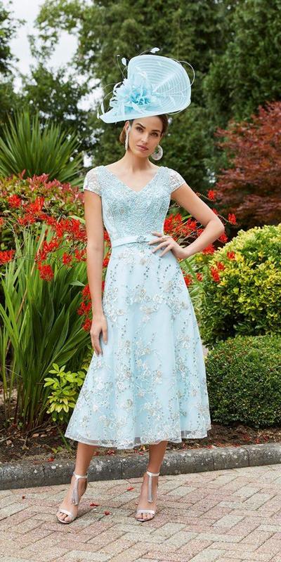 Eleghant Blue Lace Appliques Sheath Tea-length Mother of Bride and Groom Dress Evening Dress