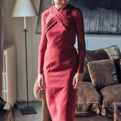 Eleghant dark red sheath tea-length mother of bride and groom dress evening dress