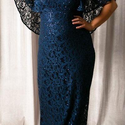 Eleghant plus size navy blue lace sheath mother of bride and groom dress evening dress