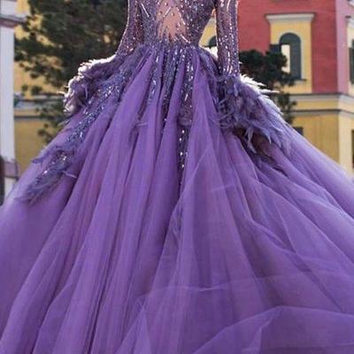 Luxury purple ball gown long sleeve feathers lace appliques beaded prom dress evening dress
