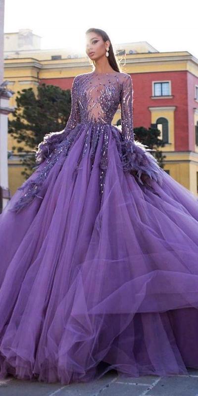 Luxury Purple Ball Gown Long Sleeve Feathers Lace Appliques Beaded Prom Dress Evening Dress