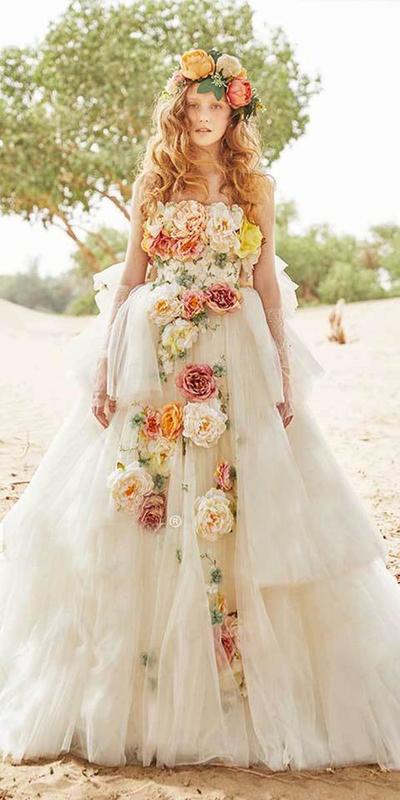 3D Handmade Flowers Champagne Wedding Dress Wedding Bridal Gowns