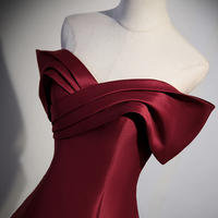 Burgundy Satin Long Prom Dress, Off Shoulder Evening Party Dress - Thumbnail 1