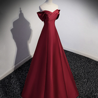 Burgundy Satin Long Prom Dress, Off Shoulder Evening Party Dress - Thumbnail 2