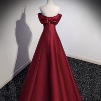Burgundy Satin Long Prom Dress, Off Shoulder Evening Party Dress - Thumbnail 3