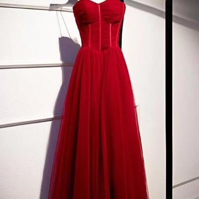 A line straps burgundy tulle long party dresses  - Thumbnail 5