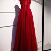 A Line Straps Burgundy Tulle Long Party Dresses  - Thumbnail 1