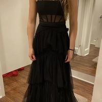 Spaghetti Strap Mesh Corset Long Black Prom Dress - Thumbnail 1