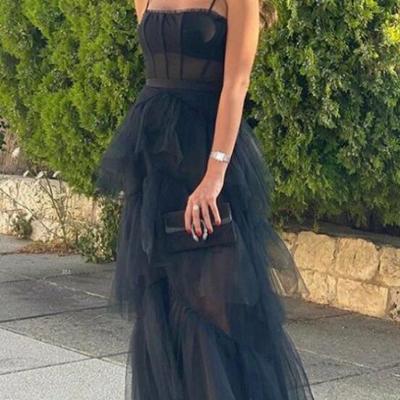 Spaghetti strap mesh corset long black prom dress