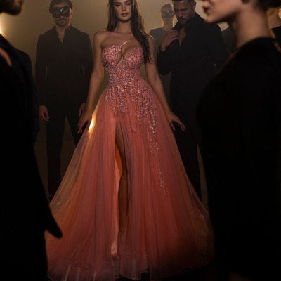 Coral one shoulder chiffon beaded prom dress evening dress