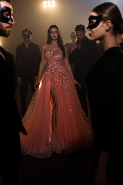 Coral One Shoulder Chiffon Beaded Prom Dress Evening Dress