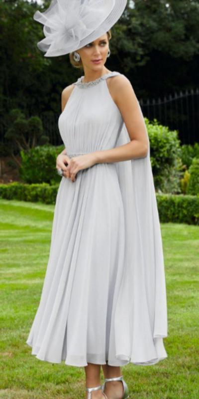 Light Grey Chiffon Tea-length with Jacekt Mother of Bride and Groom Dress Evening Dress