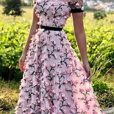 Pink a line lace prom dress evening dress