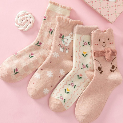 Coquette cottagecore cute nature pink bear rabbit flower tulip wool socks 4 patterns pairs sets - Thumbnail 3