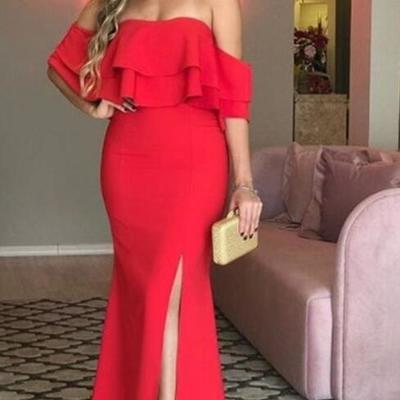 Off the shoulder long evening formal gowns with side slit  - Thumbnail 3