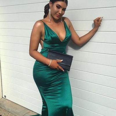 Simple deep v neck mermaid emerald green prom dresses