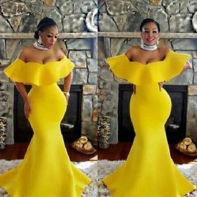 Off shoulder a line yellow mermaid prom dresses evening gowns