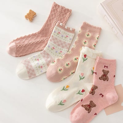 Fresh spring pink cottagecore girl tulip flower teddy bear cotton socks 5 patterns pairs sets - Thumbnail 4