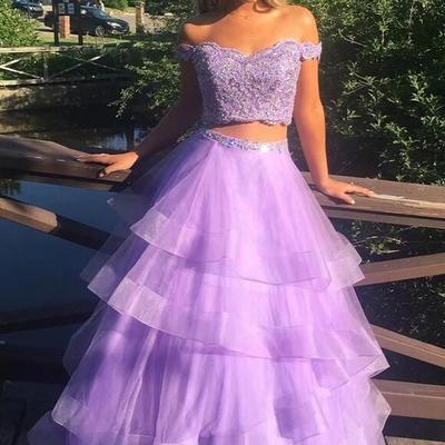 Two pieces off shoulder long lace appliques a-line prom dresses - Thumbnail 3