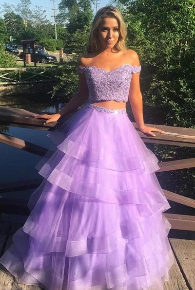 Two Pieces Off Shoulder Long Lace Appliques A-Line Prom Dresses