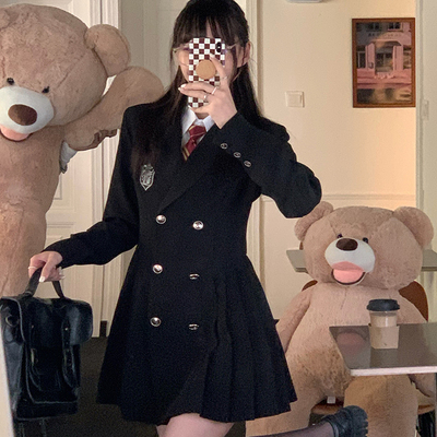 Plus size women korean girl classic student uniform black & gray jacket dress one piece