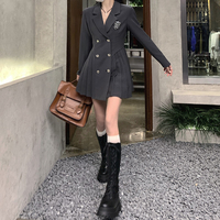 Plus Size Women Korean Girl Classic Student Uniform Black & Gray Jacket Dress One Piece - Thumbnail 6