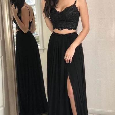 Two piece black lace top long prom dress with slit - Thumbnail 2