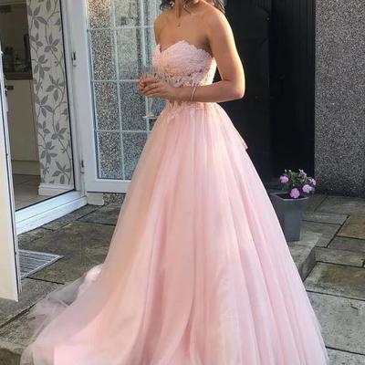 A line sweetheart lace tulle pink long prom dress