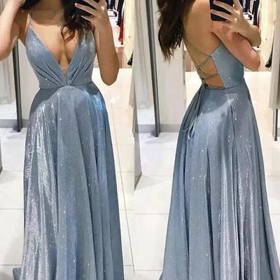 Sparkly a line v neck backless blue prom dresses - Thumbnail 1