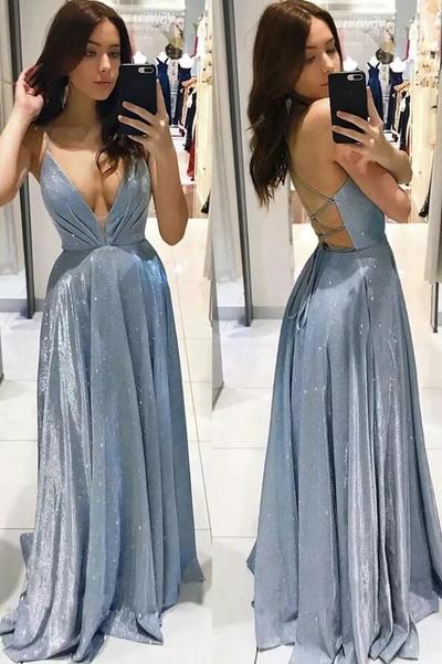 Sparkly A Line V Neck Backless Blue Prom Dresses