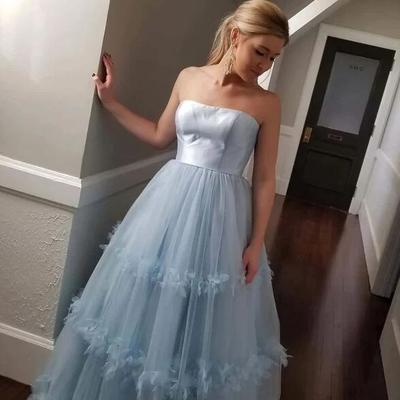 A line strapless light blue tulle prom dresses - Thumbnail 1
