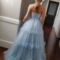 A Line Strapless Light Blue Tulle Prom Dresses - Thumbnail 1