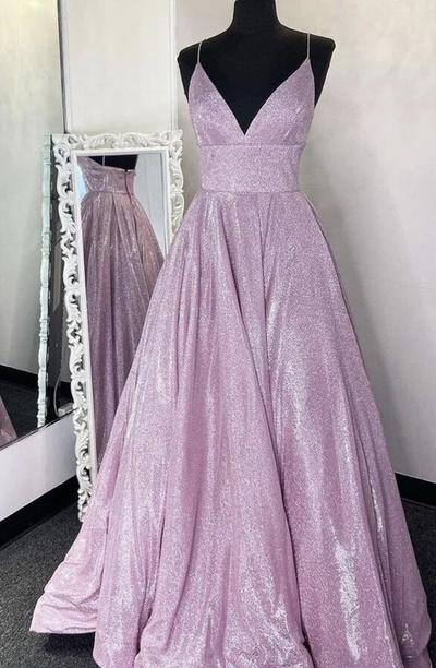 Simple A-Line V Neck Long Sequin Evening Dresses