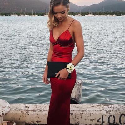 Spaghetti straps wine red long sheath prom dress - Thumbnail 2