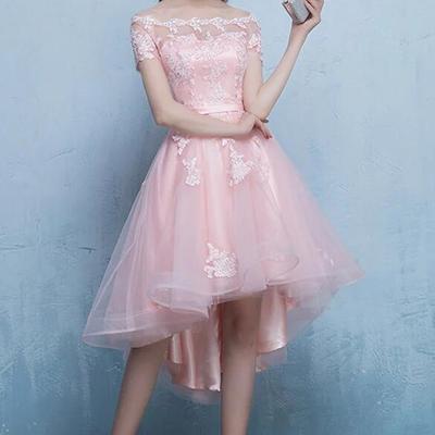 Off shoulder high low beautiful pink tulle homecoming dress with lace - Thumbnail 1