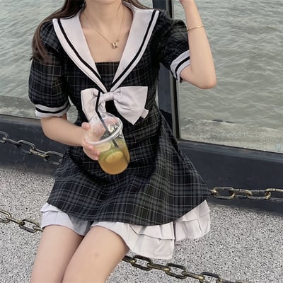 Plus size women summer sailor collar girl cute bow fashion short sleeve plaid black dress