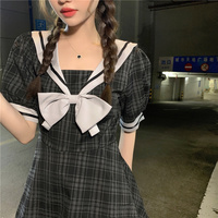 Plus Size Women Summer Sailor Collar Girl Cute Bow Fashion Short Sleeve Plaid Black Dress - Thumbnail 8