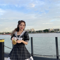 Plus Size Women Summer Sailor Collar Girl Cute Bow Fashion Short Sleeve Plaid Black Dress - Thumbnail 4