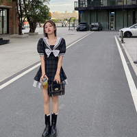 Plus Size Women Summer Sailor Collar Girl Cute Bow Fashion Short Sleeve Plaid Black Dress - Thumbnail 6