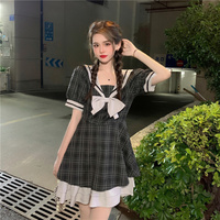 Plus Size Women Summer Sailor Collar Girl Cute Bow Fashion Short Sleeve Plaid Black Dress - Thumbnail 7