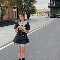 Plus Size Women Summer Sailor Collar Girl Cute Bow Fashion Short Sleeve Plaid Black Dress - Thumbnail 5