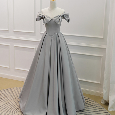 Gray satin floor length formal dress with pearls, cute a-line prom dress - Thumbnail 3