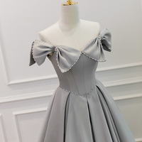 Gray Satin Floor Length Formal Dress with Pearls, Cute A-Line Prom Dress - Thumbnail 1