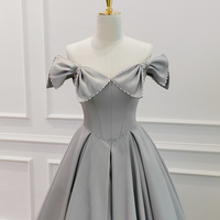 Gray Satin Floor Length Formal Dress with Pearls, Cute A-Line Prom Dress - Thumbnail 2